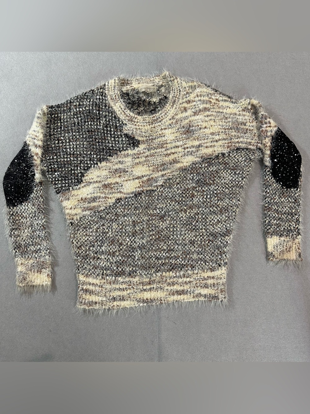 Young Threads Fuzzy Marled Crewneck Sweater in Cream & Gray